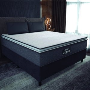 Cama Box Casal Colchão Molas Ensacadas Pillow Top Maximus 138x188x67cm Cinza / Preto Gazin