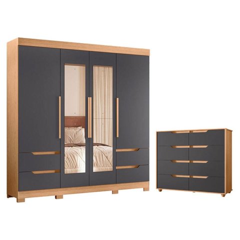 Guarda Roupa Solteiro Vivacce 04 Portas com Espelho e Cômoda Doble Freijo Titanium Flex - Móveis Alb
