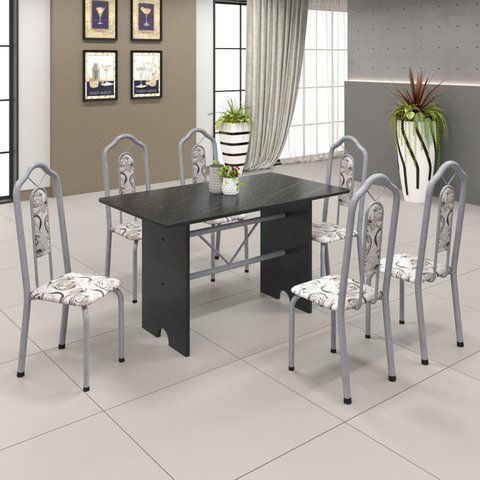 Conjunto de Mesa 140x75cm Tampo Ardosia com 6 Cadeiras Bianca Branco/Martelado Pérola/Arabesco
