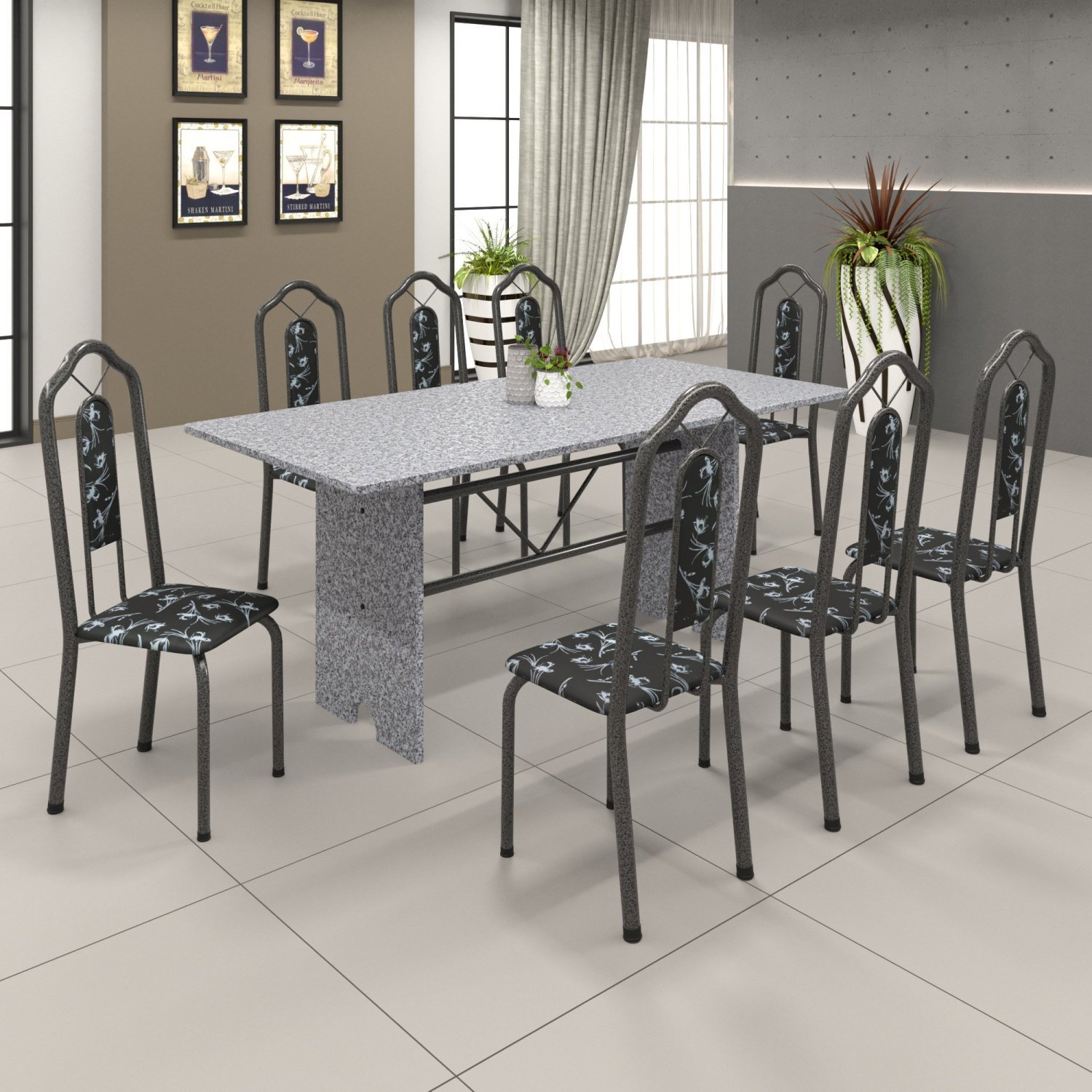 Conjunto de Mesa 180x75cm Tampo Granito com 8 Cadeiras Bianca Soma Móveis