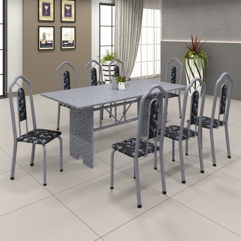 Conjunto de Mesa 180x75cm Tampo Granito com 8 Cadeiras Bianca Branco/Martelado Pérola/Ocre/Preto Floral
