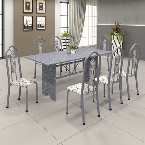 Conjunto de Mesa 180x75cm Tampo Granito com 8 Cadeiras Bianca Branco/Martelado Pérola/Ocre/Arabesco