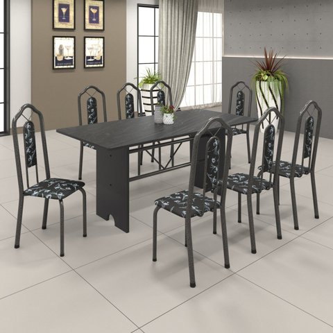 Conjunto de Mesa 180x75cm Tampo Ardósia com 8 Cadeiras Bianca Soma Móveis Prata/Martelado/Ardosia Indiano/Preto Floral