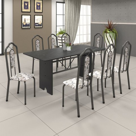 Conjunto de Mesa 180x75cm Tampo Ardósia com 8 Cadeiras Bianca Soma Móveis Prata/Martelado/Ardosia Indiano/Arabesco