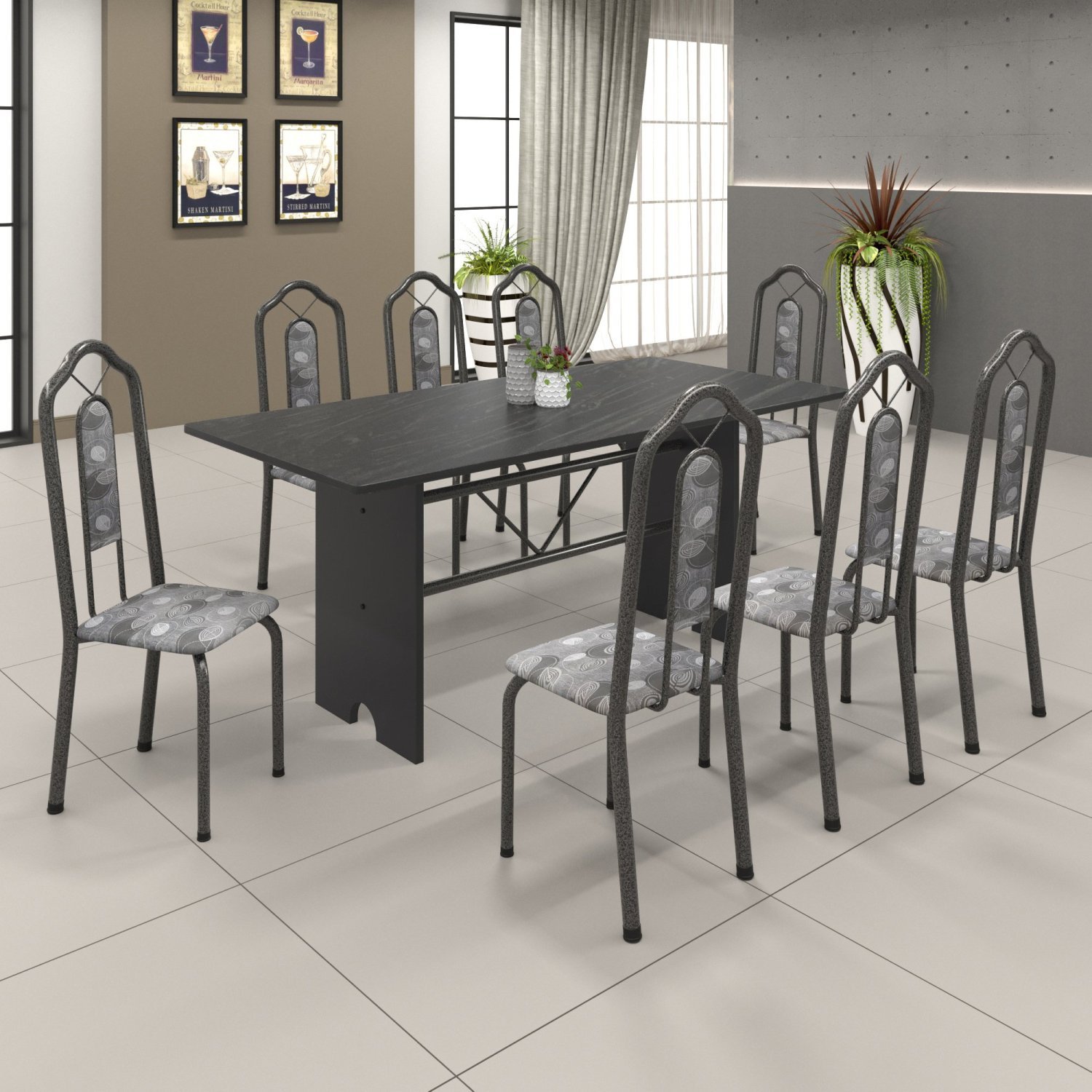 Conjunto de Mesa 180x75cm Tampo Ardósia com 8 Cadeiras Bianca Soma