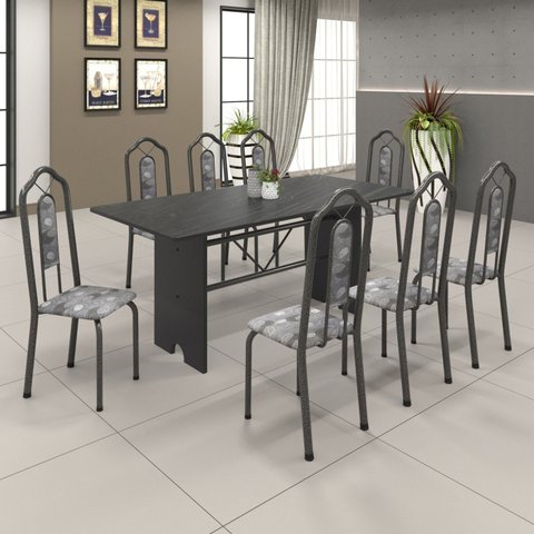 Conjunto de Mesa 180x75cm Tampo Ardósia com 8 Cadeiras Bianca Soma Móveis Prata/Martelado/Ardosia Indiano/Paraopeba