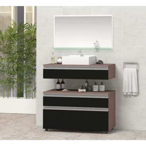 Gabinete para Banheiro com Cuba e Espelheira 80cm Safira Marrom/Preto