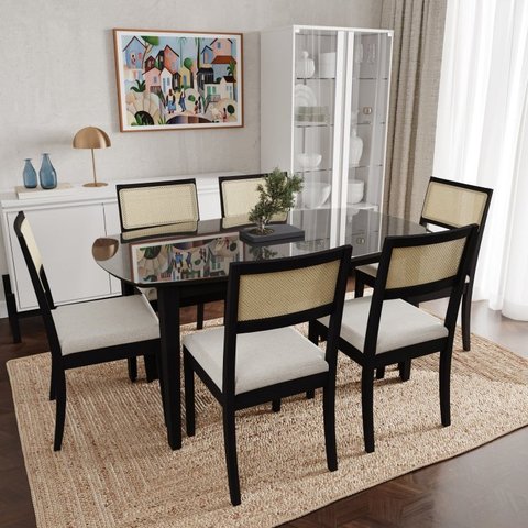 Conjunto Mesa de Jantar Tampo Vidro e MDF 1,60m e 6 Cadeiras Tiê CabeCasa MadeiraOriginals Preto