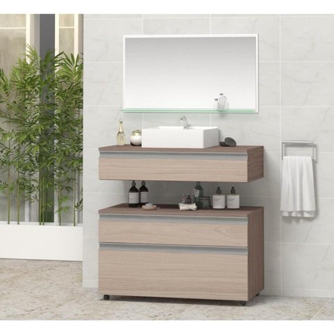 Gabinete para Banheiro com Cuba e Espelheira 80cm Safira Marrom/Ciliégio