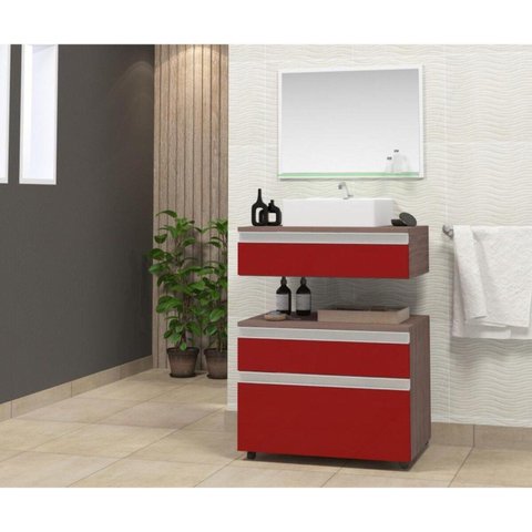 Gabinete para Banheiro com Cuba e Espelheira 60cm Safira Marrom/Vinho