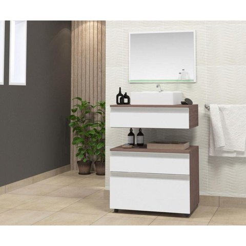 Gabinete para Banheiro com Cuba e Espelheira 60cm Safira Marrom/Branco