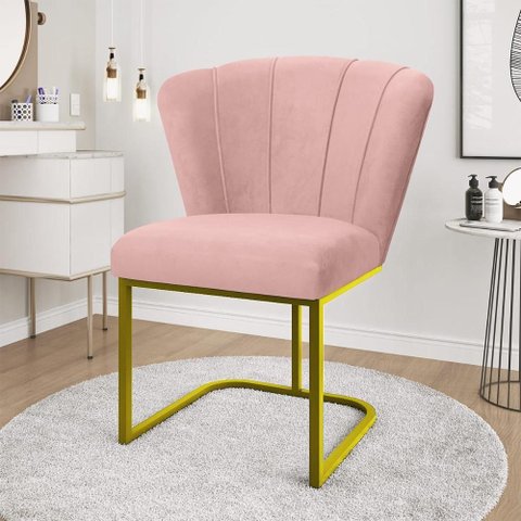 Cadeira Jantar Flor Mesa Cozinha Reforçada Base Metal Dourada Cor:rosa
