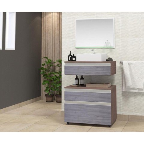 Gabinete para Banheiro com Cuba e Espelheira 60cm Safira Marrom/Rovere