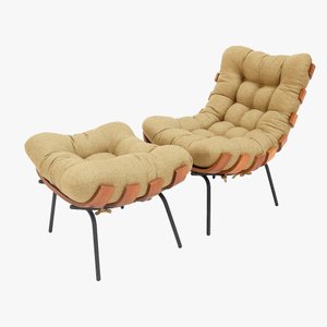 Poltrona Costela Premium + Puff Decorativo Luxo Linho Bege
