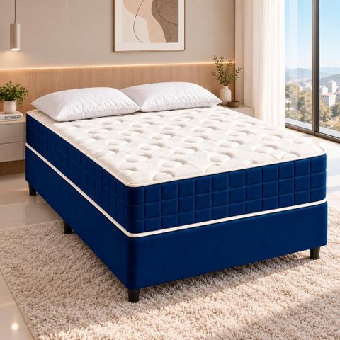 Colchão King Molas Ensacadas Ibiza + Base 193x203x61 Bom Pastor Azul