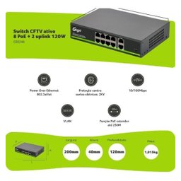 Switch Ativo Cftv 8 Portas Poe + 2 Uplink 120w Giga Gs0246 - 3