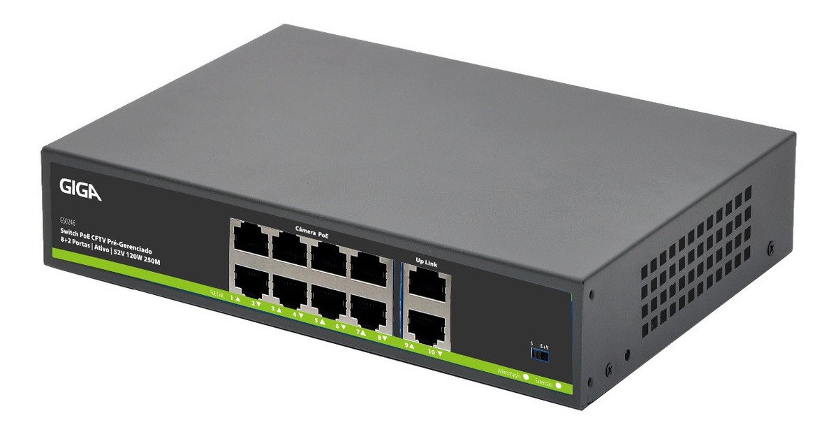 Switch Ativo Cftv 8 Portas Poe + 2 Uplink 120w Giga Gs0246 | MadeiraMadeira