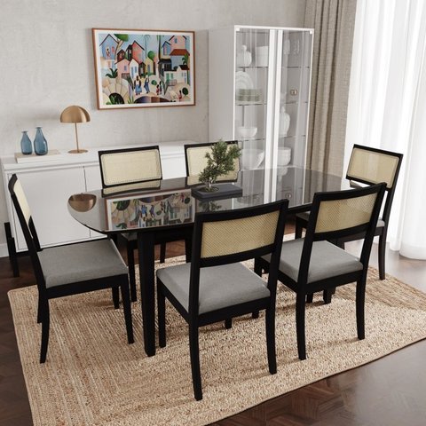 Conjunto Mesa de Jantar Tampo Vidro e MDF 1,80m e 6 Cadeiras Tiê CabeCasa MadeiraOriginals Preto