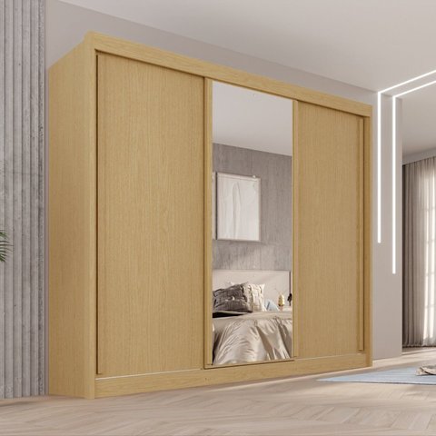 Guarda-Roupa Casal com Espelho 3 Portas 4 Gavetas 100% MDF Ipanema Bege/Jequitibá