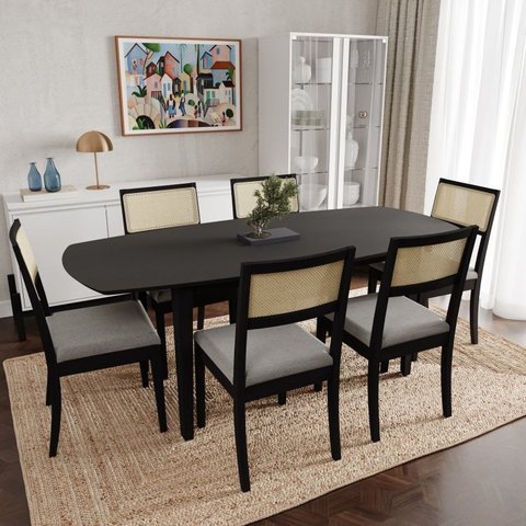 Conjunto Mesa de Jantar Tampo MDF 2,0m e 6 Cadeiras Tiê CabeCasa MadeiraOriginals Preto