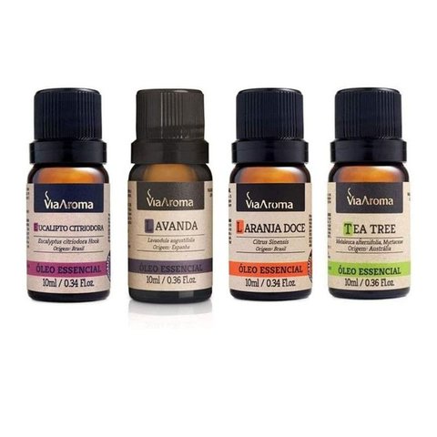 Kit 4 Óleo Essencial - Eucalipto, Lavanda, Laranja e Tea Tree/Melaleuca - Via Aroma