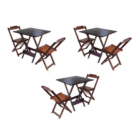 Kit 3 Jogos de Mesa Dobravel com 2 Cadeiras de Madeira 70x70 para Restaurante e Bar - Imbuia