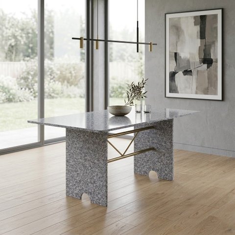 Mesa para Sala de Jantar 4 Lugares Tampo Granito 180x75cm Prata/Martelado/Ocre