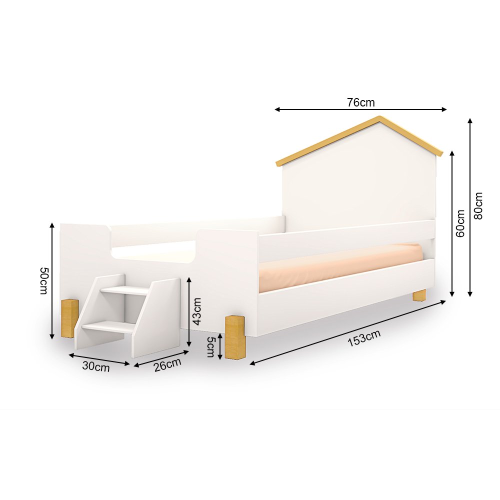 Cama Infantil com Colchão e Escadinha Juvenil Ayla Branca e Natural + Luminária Led - 3