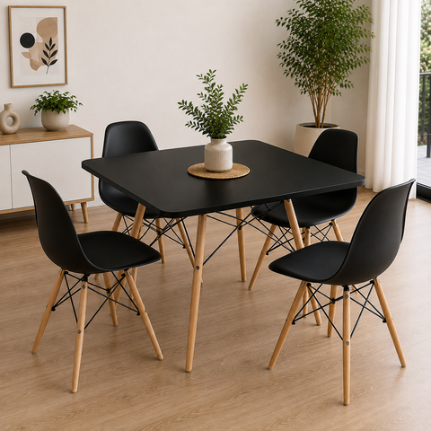 Conjunto de Mesa de Jantar Eames Eiffel Quadrada 90cm Tampo de Madeira Preto com 4 Cadeiras Pretas