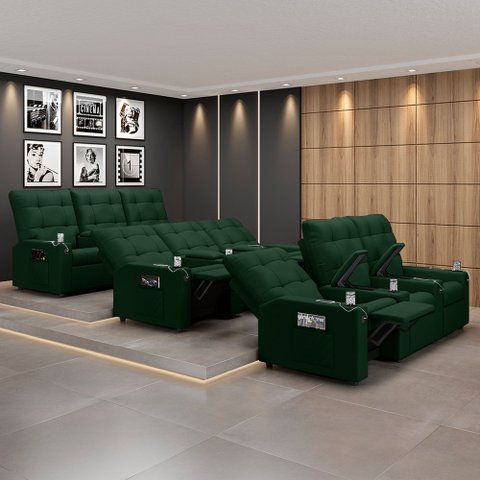 Poltrona do Papai Reclinável Sala de Cinema Movie 3 Lugares Manual Baú USB Veludo Verde Esmeralda Gr