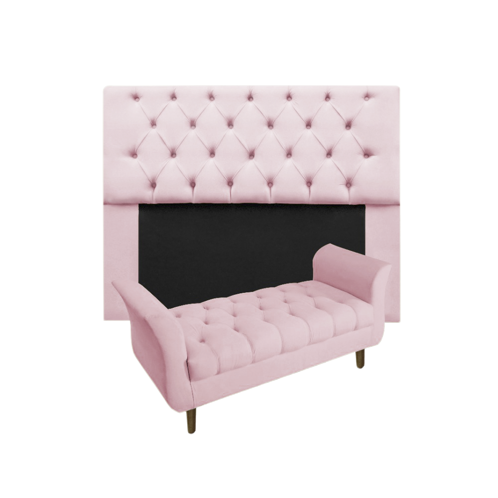 Cabeceira Mirage + Recamier Grécia Com Capitonê Solteiro 90 cm Suede Rosa Bebe - DL DECOR