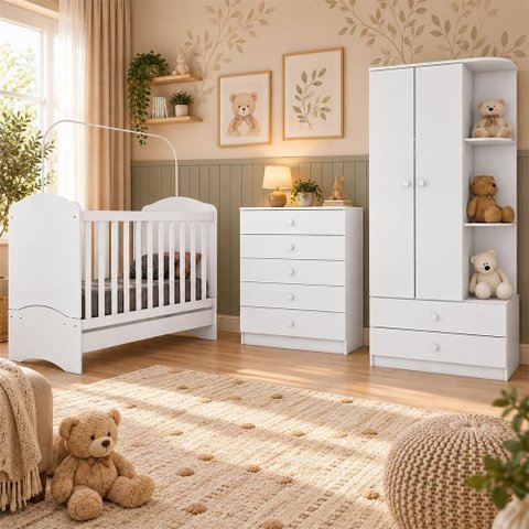 Dormitório Bala de Menta Guarda Roupa, Cômoda e Berço Branco com Colchão Baby Physical - Mó