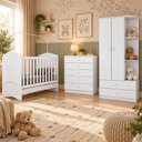 Ver imagem 1 de Dormitório Bala de Menta Guarda Roupa, Cômoda e Berço Branco com Colchão Baby Physical - Mó