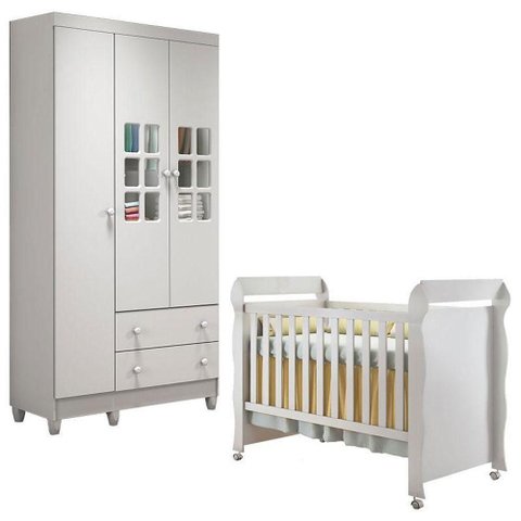 Berço Americano Mirelle e Guarda Roupa Mariah 3 Portas Branco Brilho – Carolina