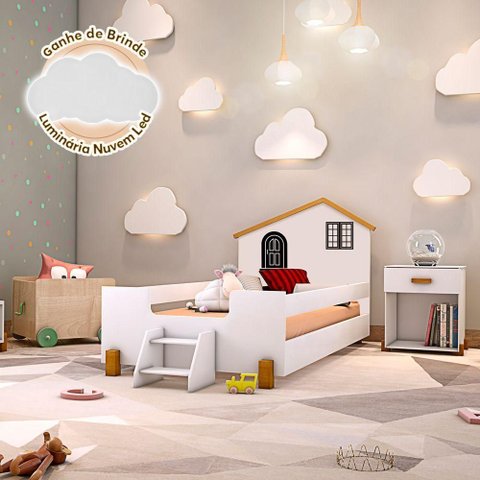 Cama Montessoriana Infantil Solteiro Belissima Preta - Branca e Amêndoa + Brinde Luminária Led