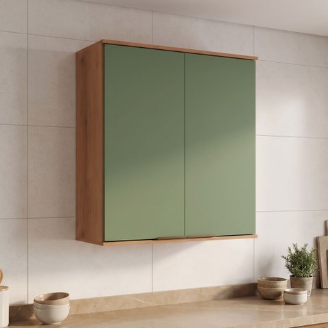 Armário de Cozinha Aéreo Modulado 100% MDF 2 Portas 80cm Princess Yescasa Freijó/Verde Sálvia