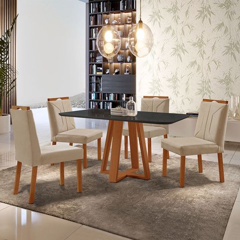 Conjunto Sala de Jantar Mesa Floripa Madeira Maciça 140x80cm Tampo Retângular Vidro Preto com 4 Cade