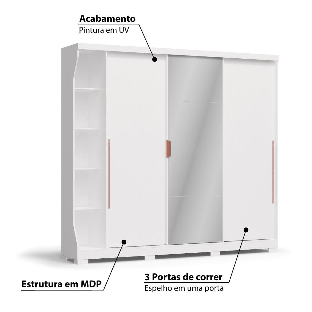 Guarda Roupa 3 Portas de Correr 6 Gavetas e Espelho F542 Kappesberg Branco - 2