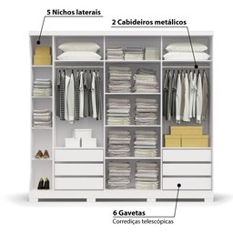Guarda Roupa 3 Portas de Correr 6 Gavetas e Espelho F542 Kappesberg Branco - 5