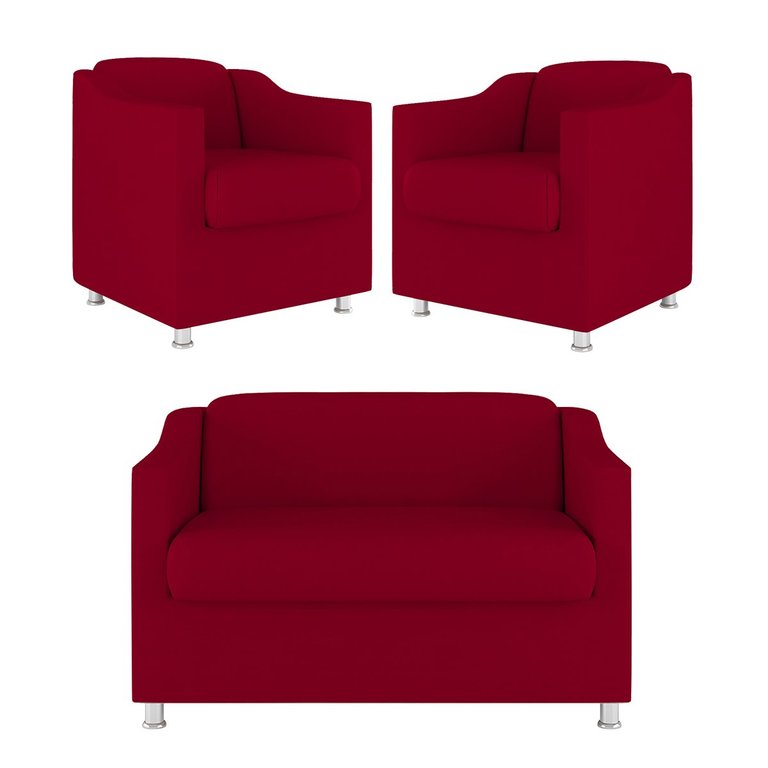 Kit Sofá Namoradeira + 02 Poltrona Tilla Recepção Sala Suede Cor:Vermelho