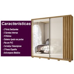 Guarda Roupa Casal 2 Portas Deslizantes com Espelho 3 Gavetas Dhara - 5
