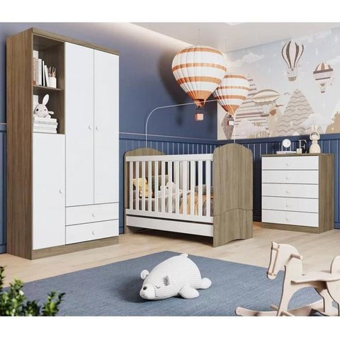 Quarto de Bebê com 1 Guarda Roupa 1 Cômoda e Berço 3 em 1 Abracadabra Espresso Móveis Branco/Rústico