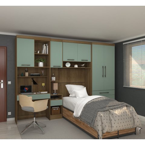 Guarda Roupa Modulado de Solteiro Paris Avelã Verde 5 Peças - Luciane Avelã com Verde