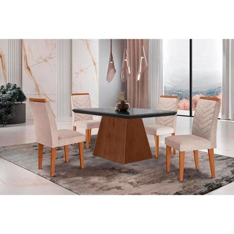Conjunto: Mesa Sala Jantar Luna C/ Tampo Madeirado C/ Vidro Canto Curvo 120x80cm e 4 Cadeiras