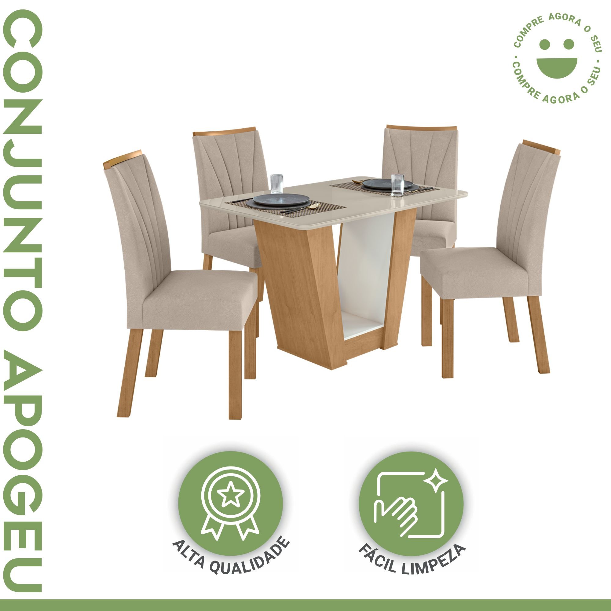 Conjunto Sala de Jantar Mesa 120x80cm Tampo Vidro/MDF com 4 Cadeiras Apogeu  - 2