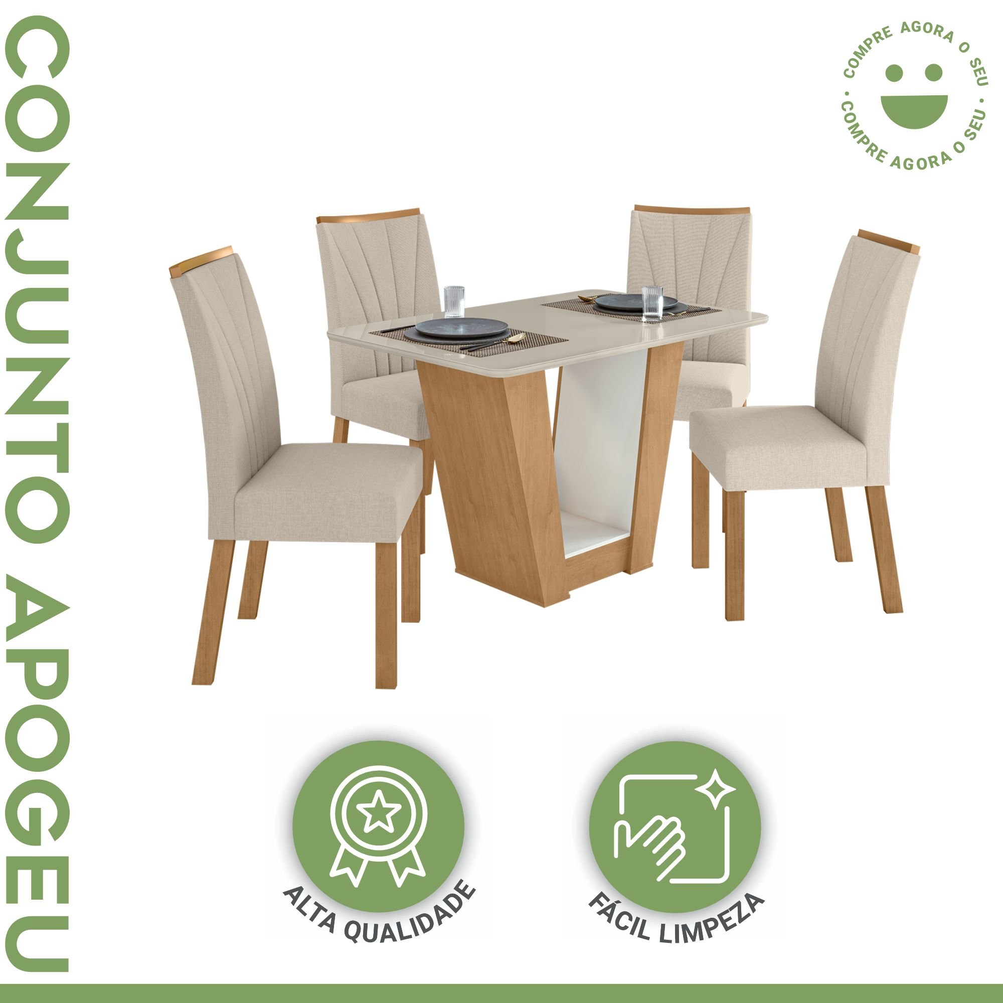 Conjunto Sala de Jantar Mesa 120x80cm Tampo Vidro/MDF com 4 Cadeiras Apogeu  - 2