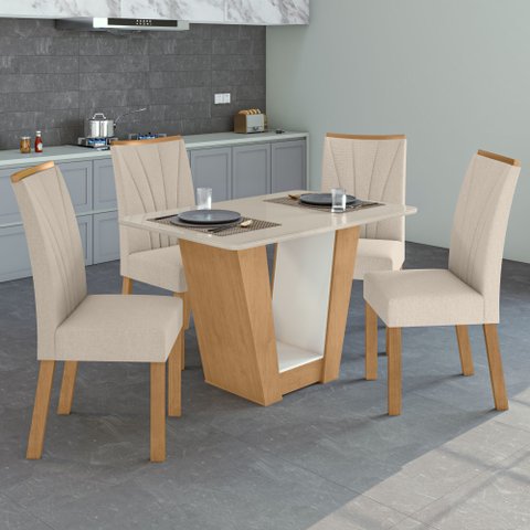Conjunto Sala de Jantar 4 Lugares Retangular Tampo Vidro/MDF Mesa e Cadeiras Apogeu Amêndoa Clean/Off White/Bege