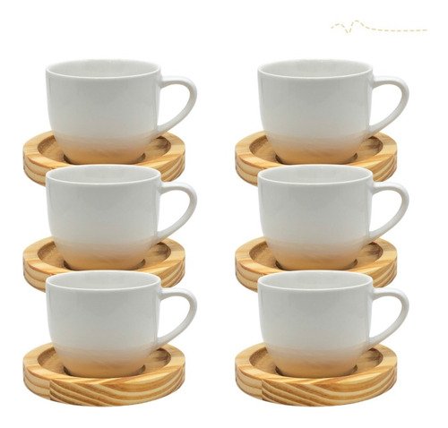 Jogo 6 Xícaras Café Branca Porcelana Pires Bambu Premium - 1