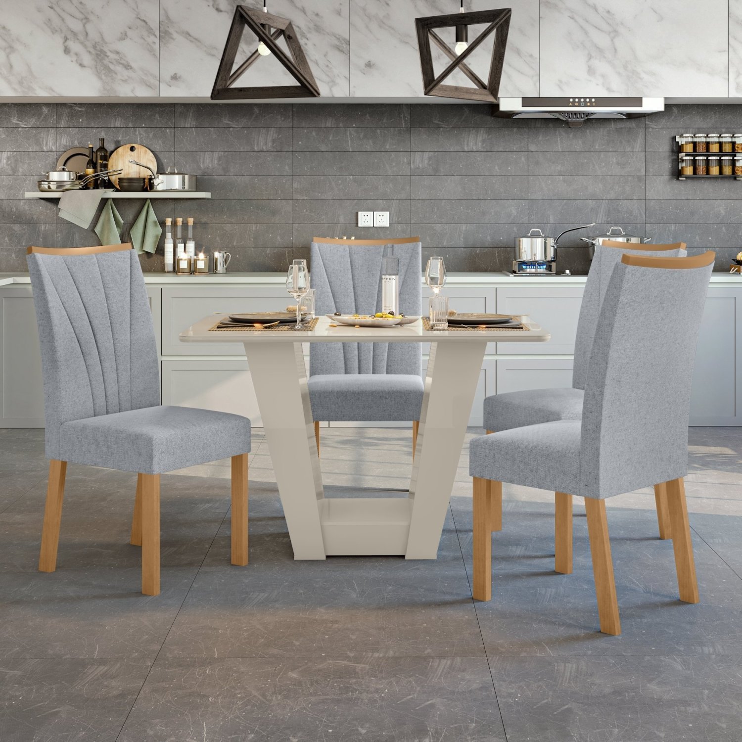 Conjunto Mesa 120cm Tampo MDF/Vidro 4 Cadeiras Apogeu Móveis Lopas ...