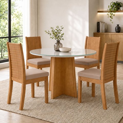 Conjunto Sala de Jantar 4 Lugares Redonda Tampo Vidro/MDF Mesa Celebrare e Cadeiras Athenas
